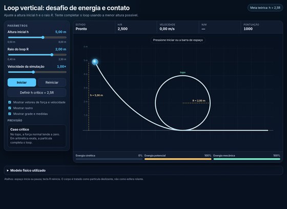 Vertical-loop simulator interface with a circular track, height and radius controls, and energy indicators